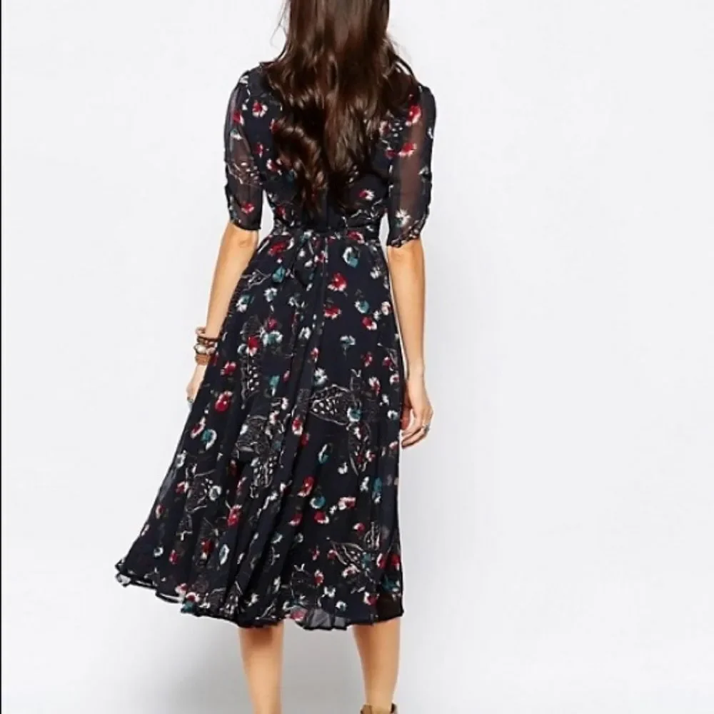 NWT Free People Blue Bonnie Butterfly Print Keyhole Chiffon Boho Midi Dress‎ 2
